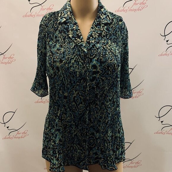 Covington. Sz Small. Crinkle Pleated Poly Button Up Shirt. Flared Sleeve. B63 - Picture 1 of 4